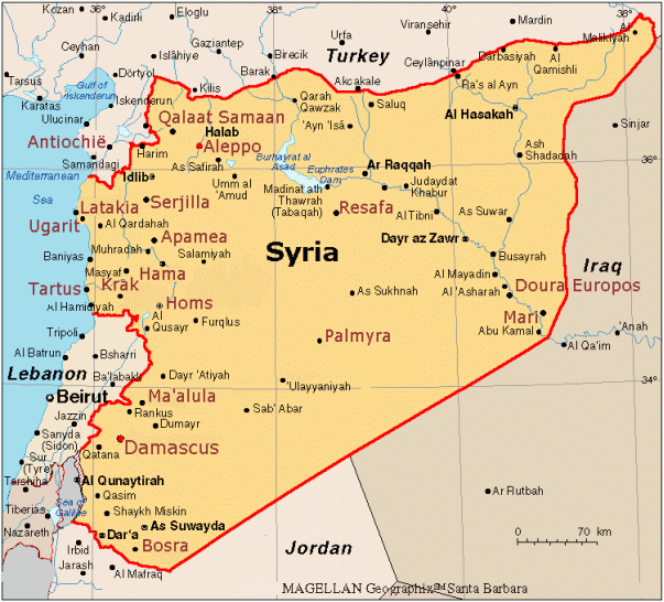 Kaart van Syri� - localisatie van voornaamste leuke plaatsen in bruin